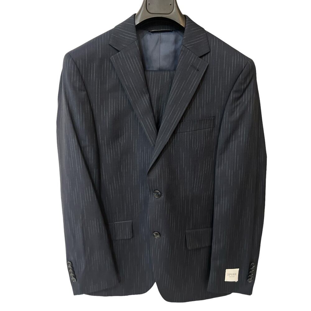 Spurr New York Mens Designer 2Pc Suit Modern Stripe Ozone Sz 40S / 34W MSRP $380